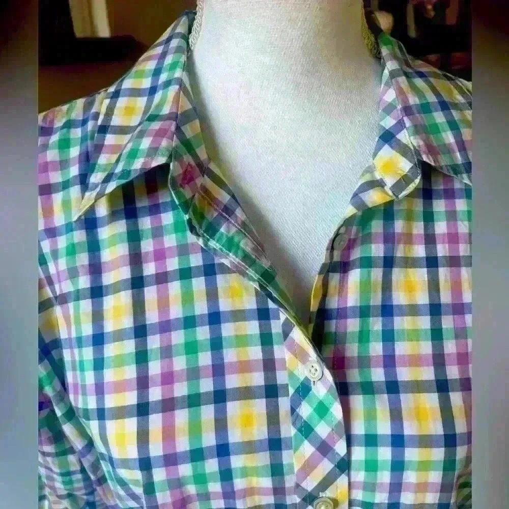 Talbots ladies cotton blouse Large. NWOT. Checker stripes colorful. Long sleeve - Picture 3 of 9